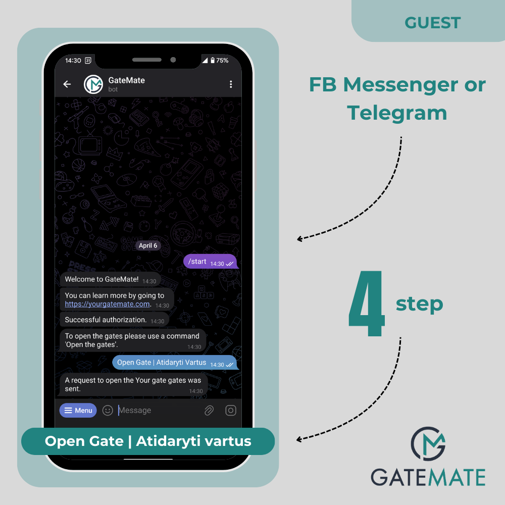 Guest can open the gates with his own messaging app